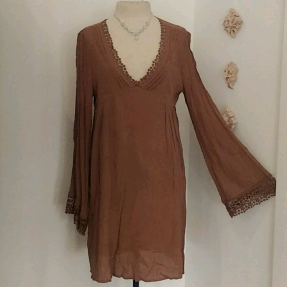 NWT JODIFL BRAND BROWN TUNIC DRESS W/LACE.